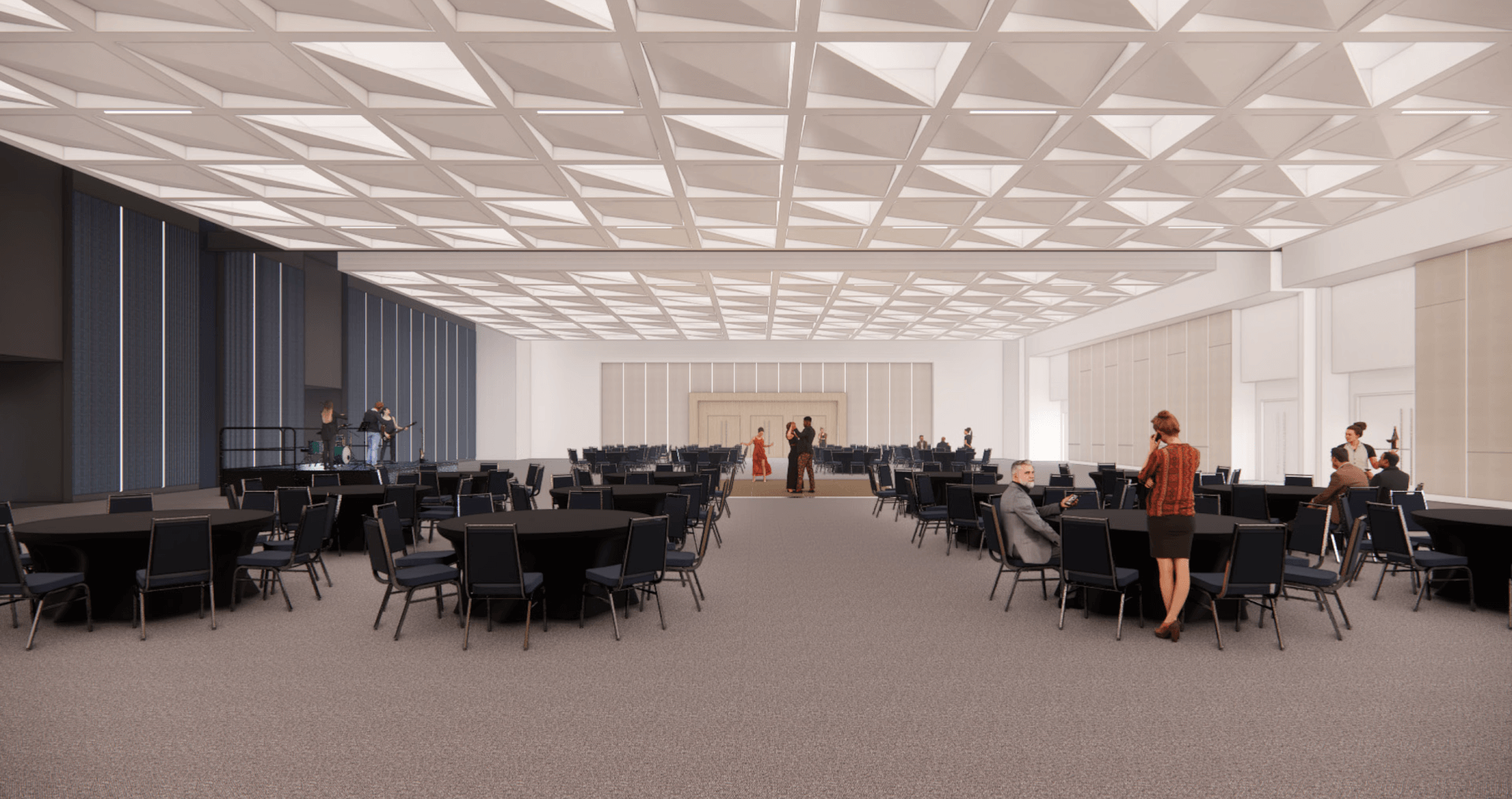 rendering of multi use space at the bradenton area convention center with several large round black tables and a modern interior 